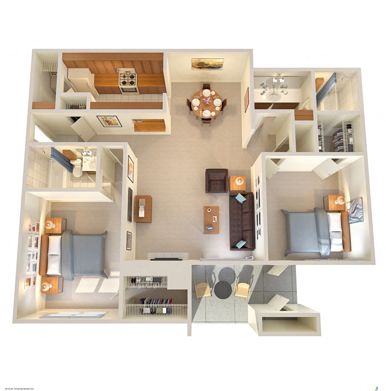 Floor plan for 2 beds, 2 baths, 985 sqft